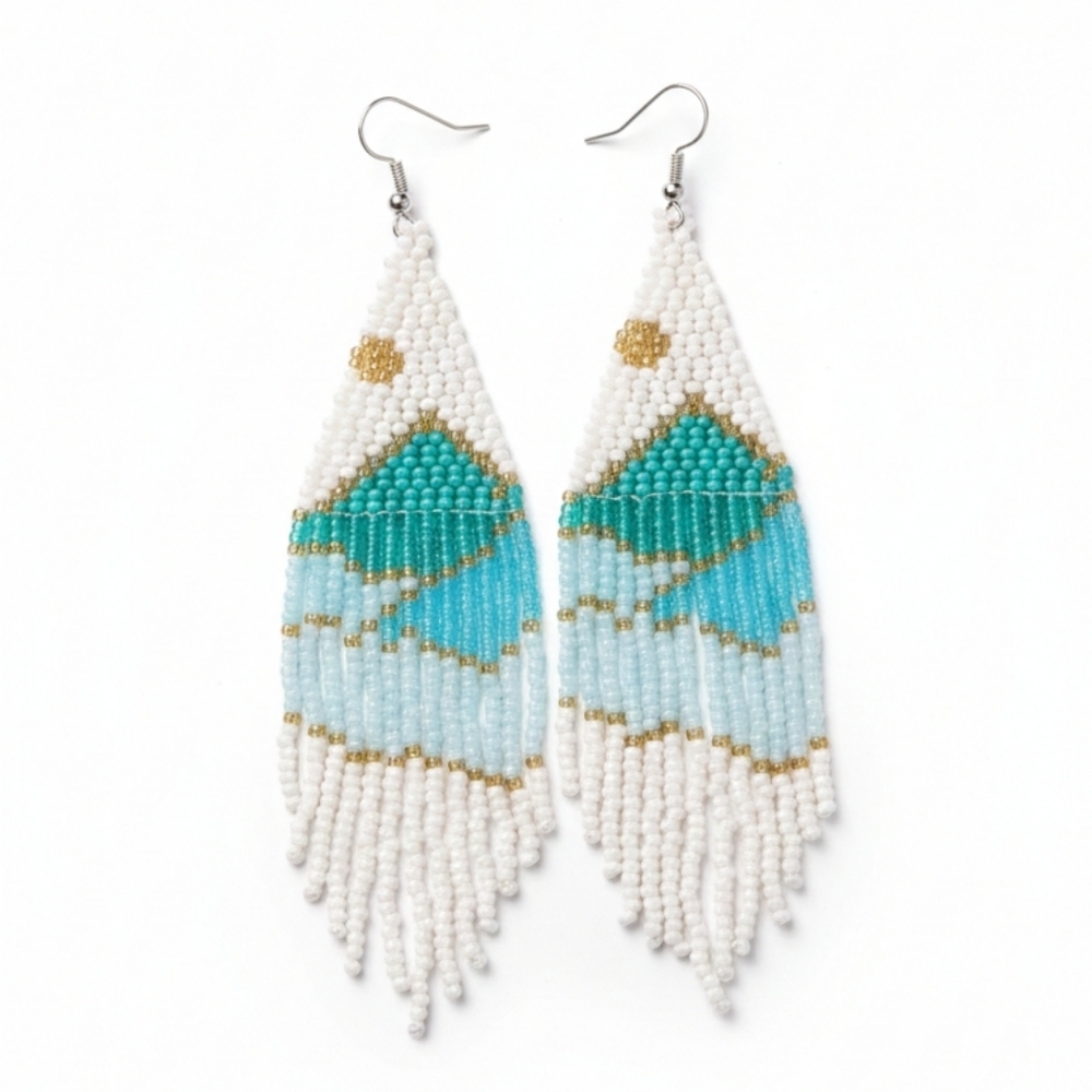Chic Beaded Fringe Earrings in Turquoise and White